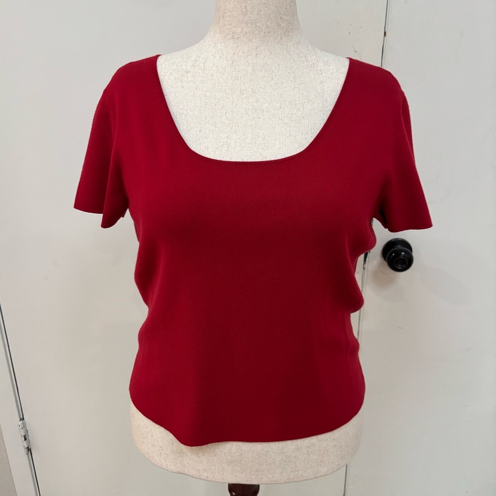 Lafayette 148 NY Square Neck Short Sleeve Knit Top Women's XL Red